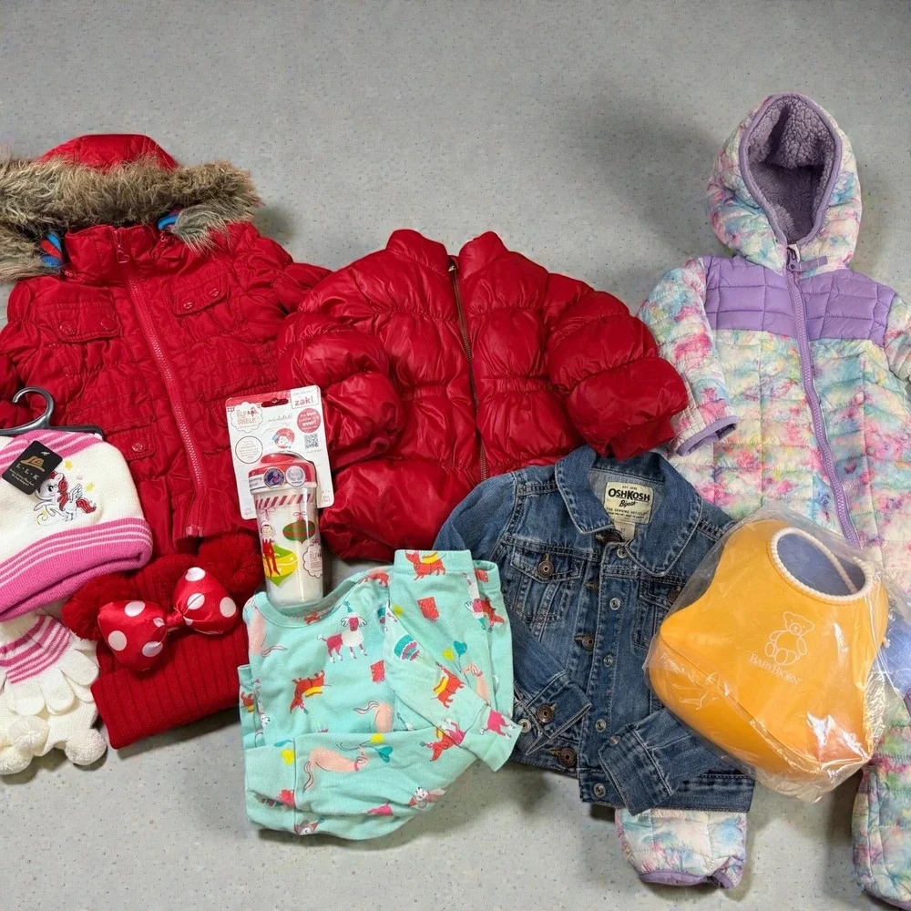 Girls Winter Red Puffer Coats‎ Snowsuit Jean Jacket Hats Gloves Bib Cup 18 24